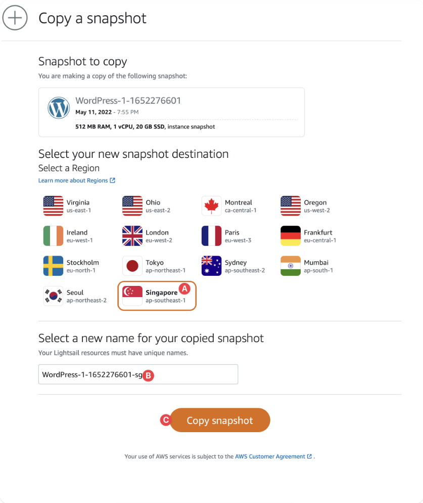 Copy snapshot to another Region in Amazon Lightsail
