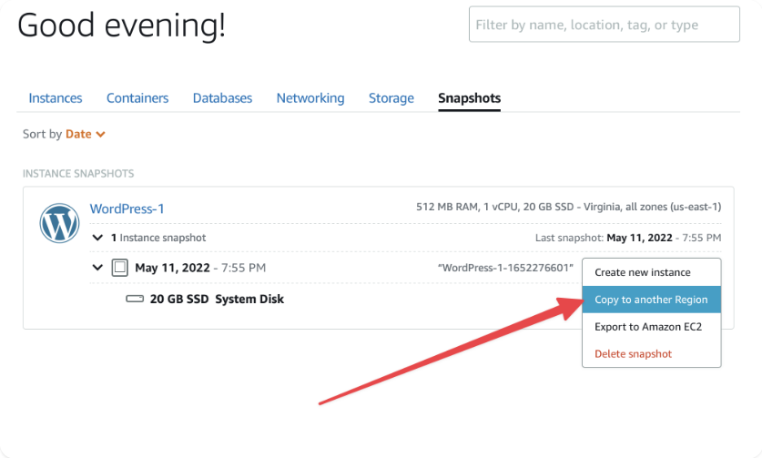 Copy snapshot to another Region in Amazon Lightsail