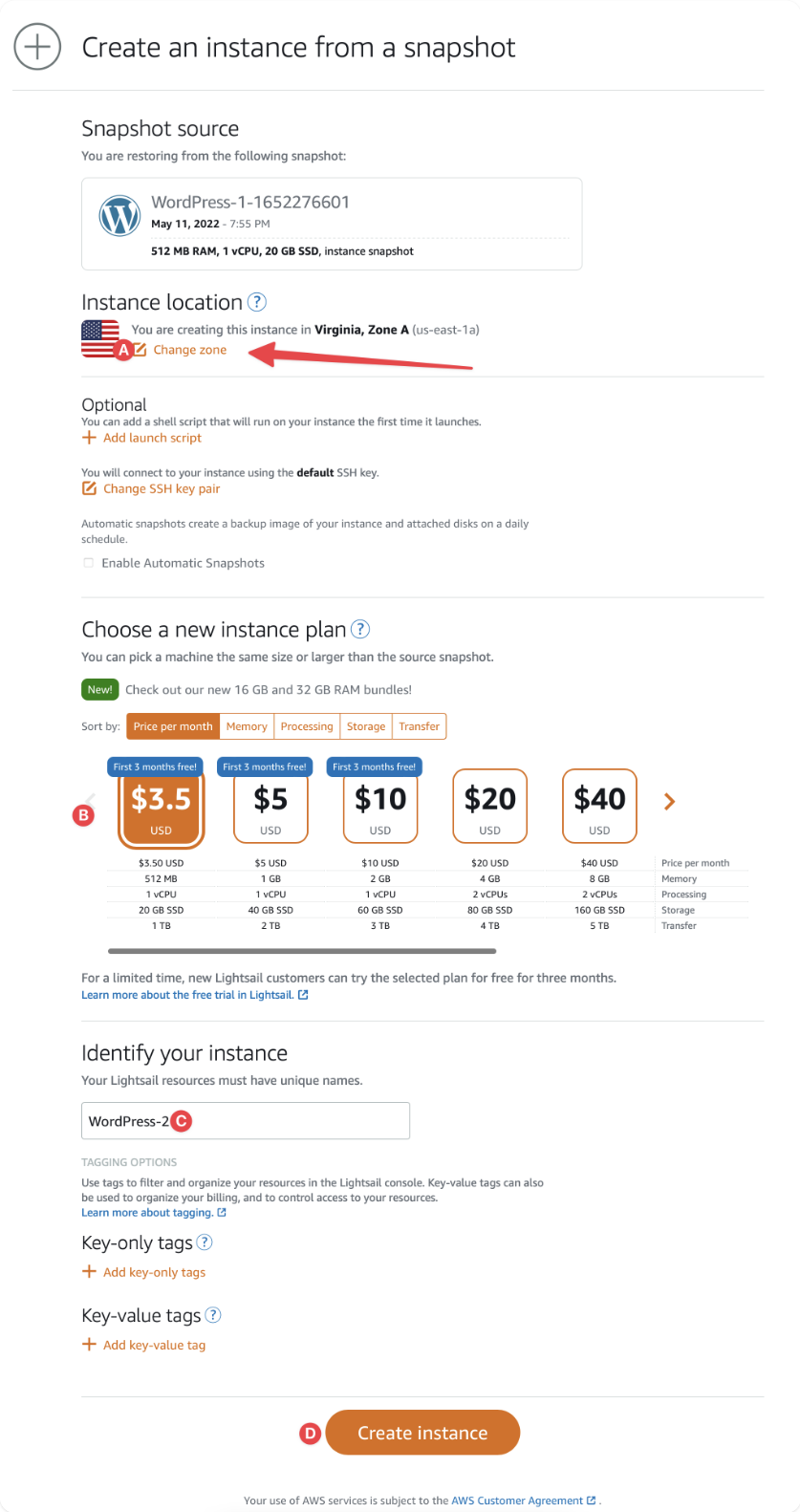 Create an instance from a snapshot in Amazon Lightsail